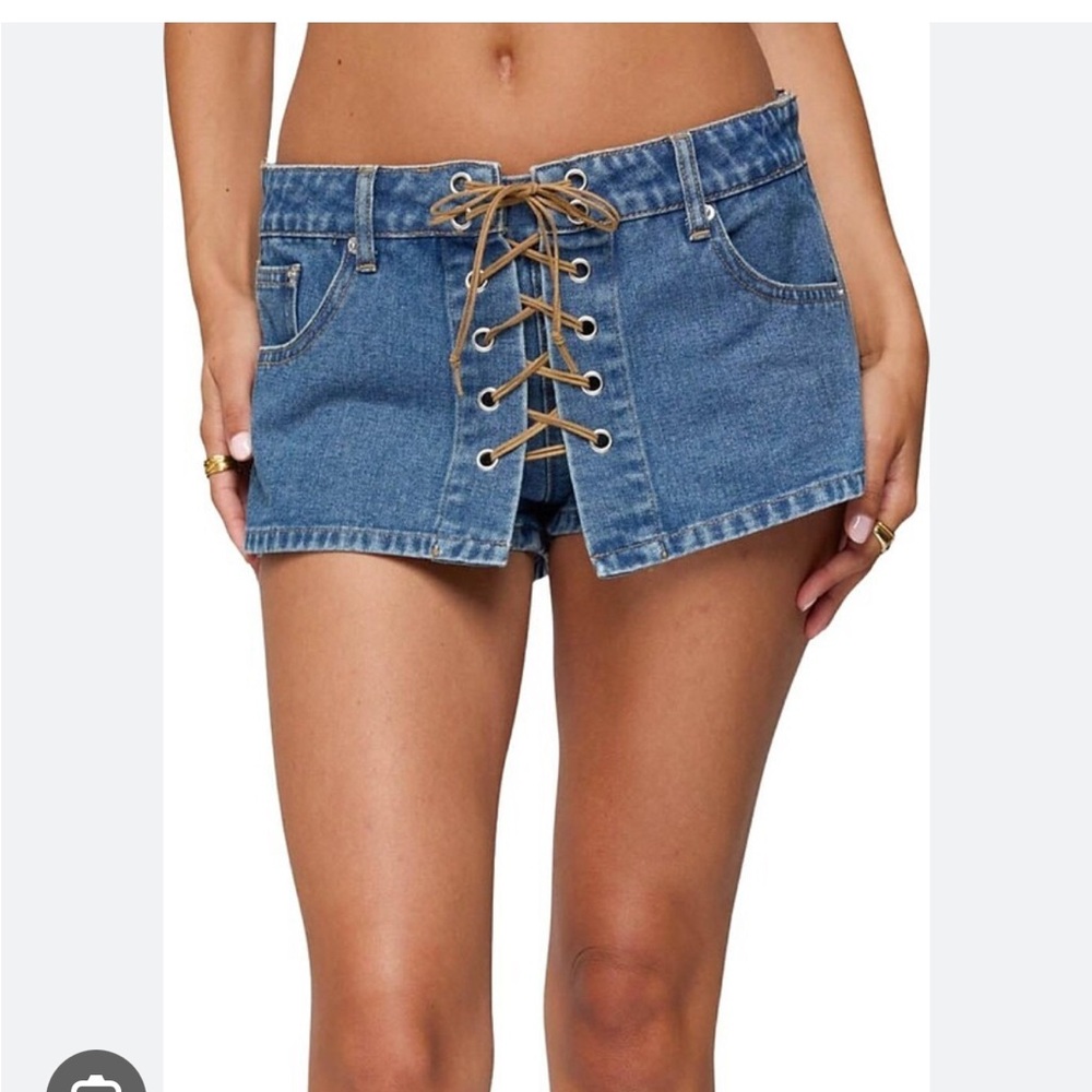 Edikted Blue Lace-Up Denim Skort